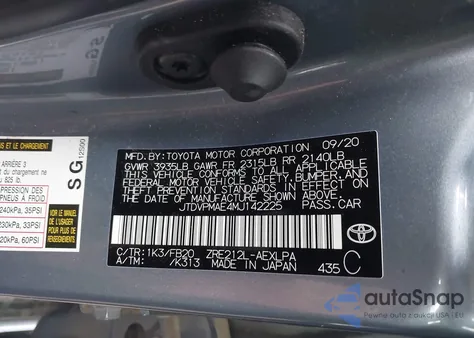 2021 Toyota Corolla Le из США, поврежденный, VIN JTDVPMAE4MJ142225